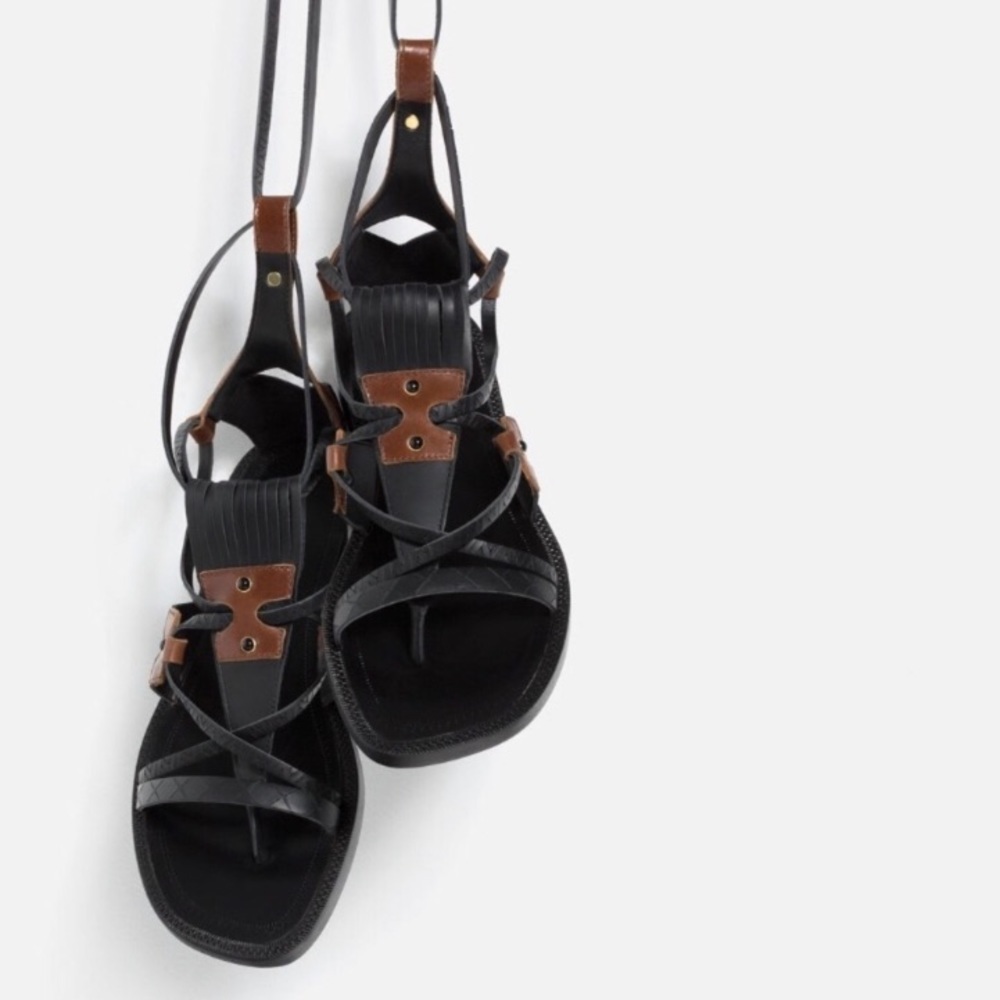 ZARA 100% LEATHER GLADIATOR FLAT SANDALS BRAND NEW WITH TAGS